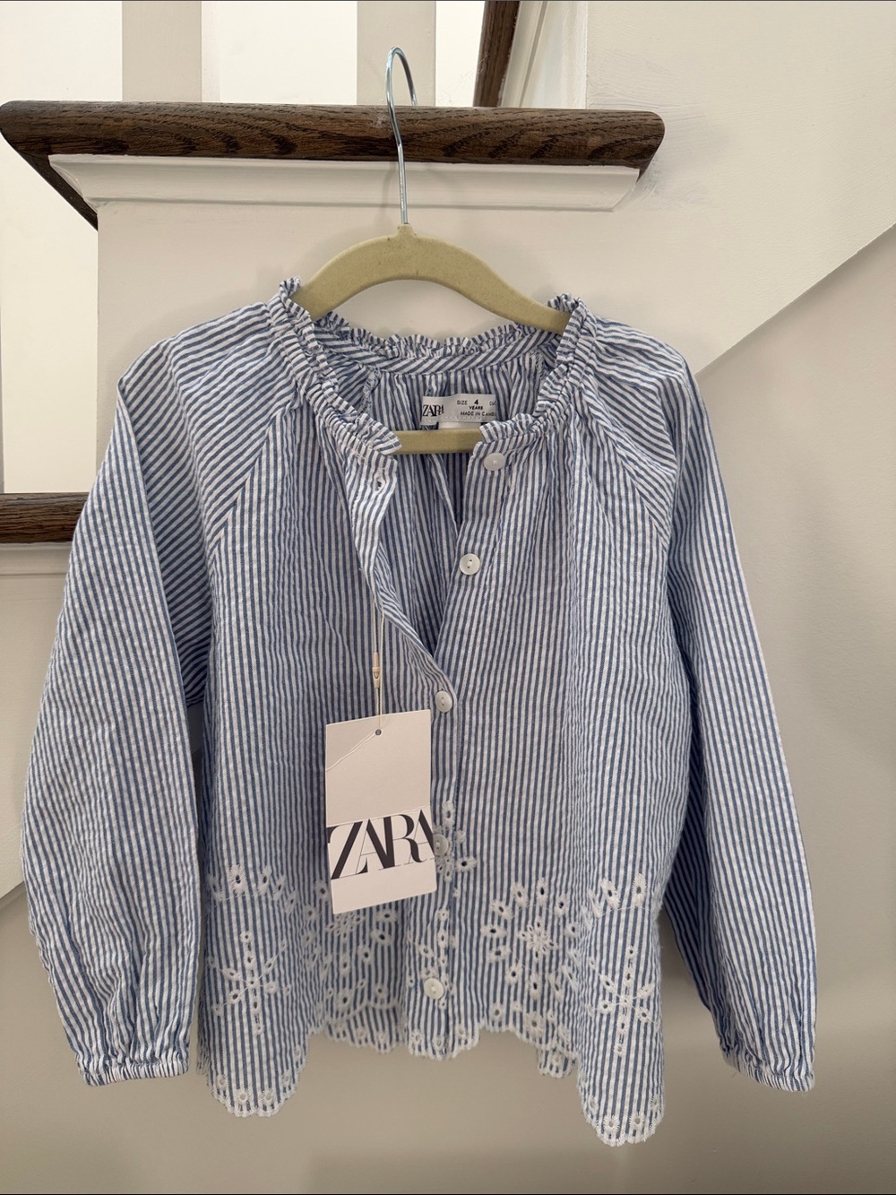 Zara Blue and White Striped Eyelet Hem Blouse